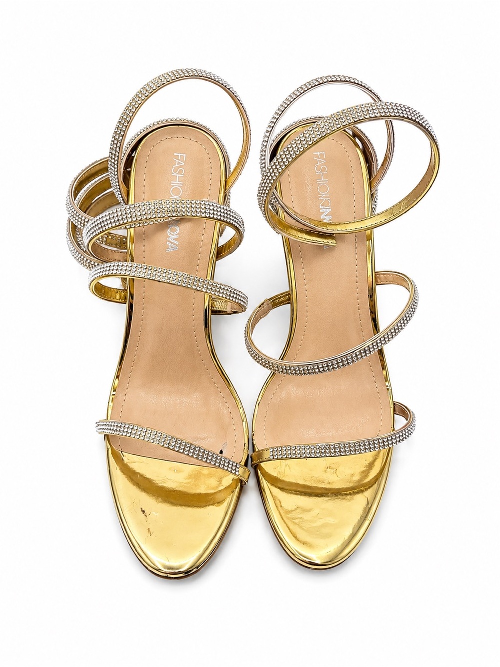 NWOT NEVER WORN Fashion Nova Metallic Gold Rhinestone Multi-Strap Heels